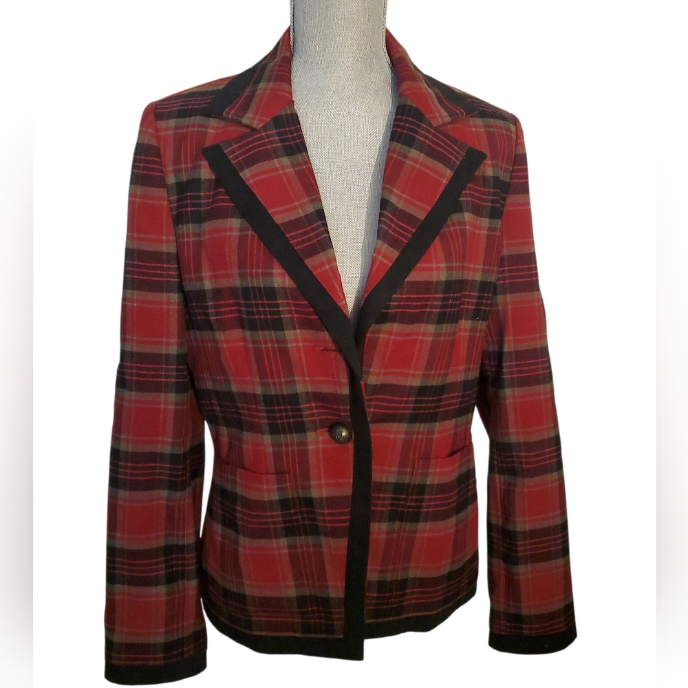 Rafaella Wool Blend Red and Black Plaid Blazer Size 10